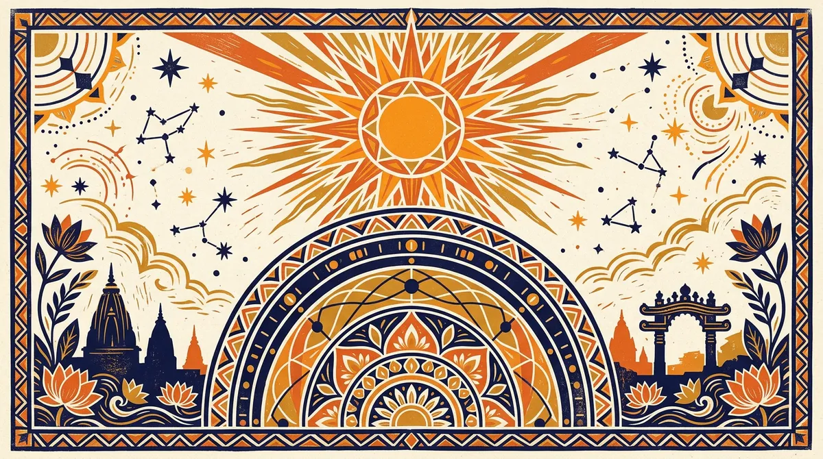 A minimalist block-print style illustration of a sun at its highest point.