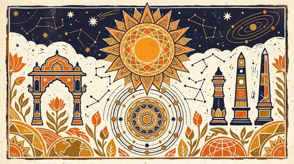 A minimalist block-print style illustration of a sun at its highest point.