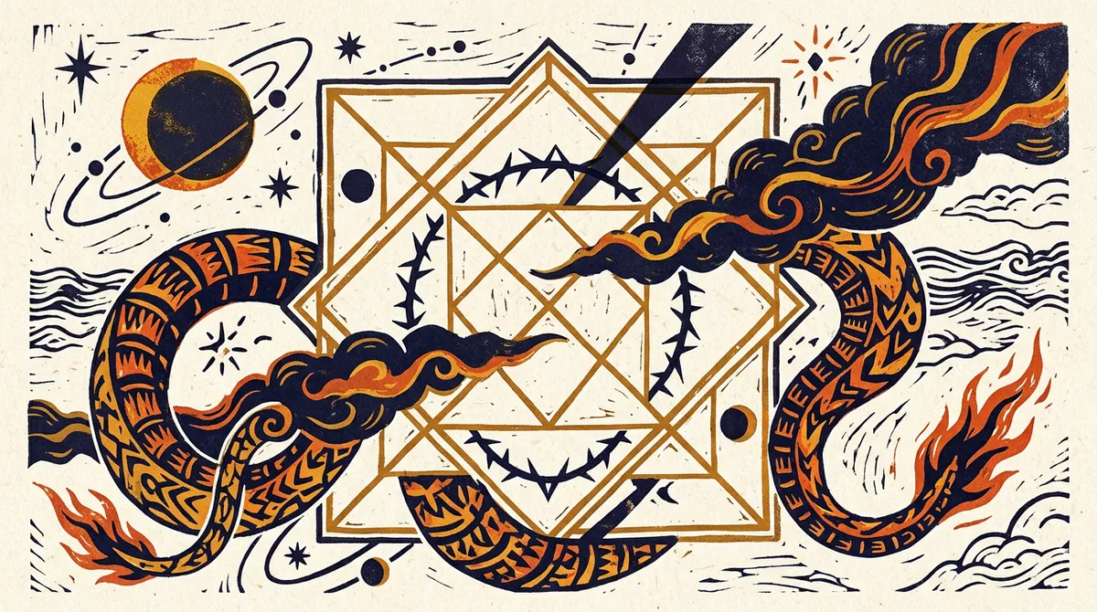 Afflicted Ketu in Kundli: Myths And Facts 1 Abstract block-print art in saffron and indigo showing cosmic node symbols