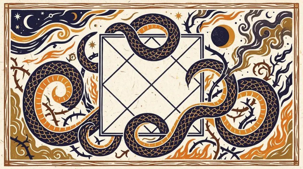 Abstract block-print art in saffron and indigo showing cosmic node symbols