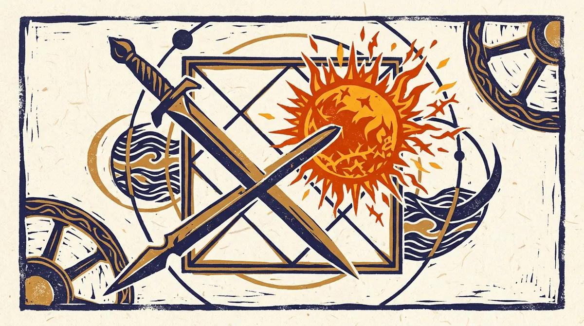 Abstract block print illustration of planetary cycles in saffron and indigo
