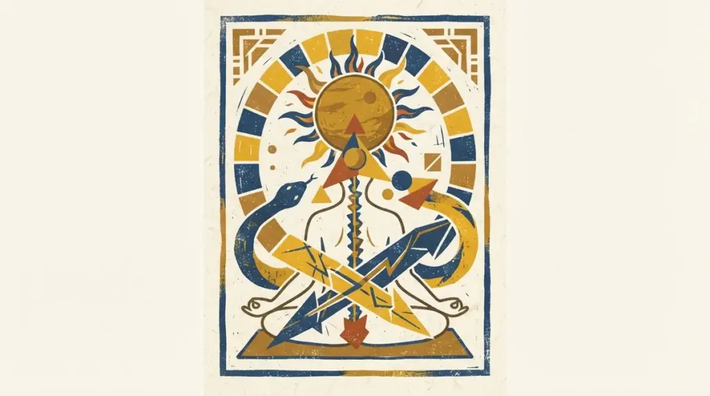 Abstract block print illustration of planetary cycles in saffron and indigo