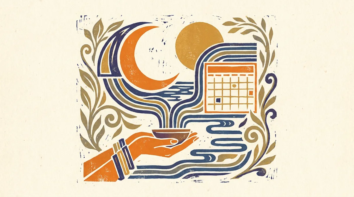 Flat block print illustration representing the dark moon and night sky