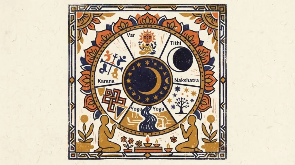 Flat block print illustration representing the dark moon and night sky