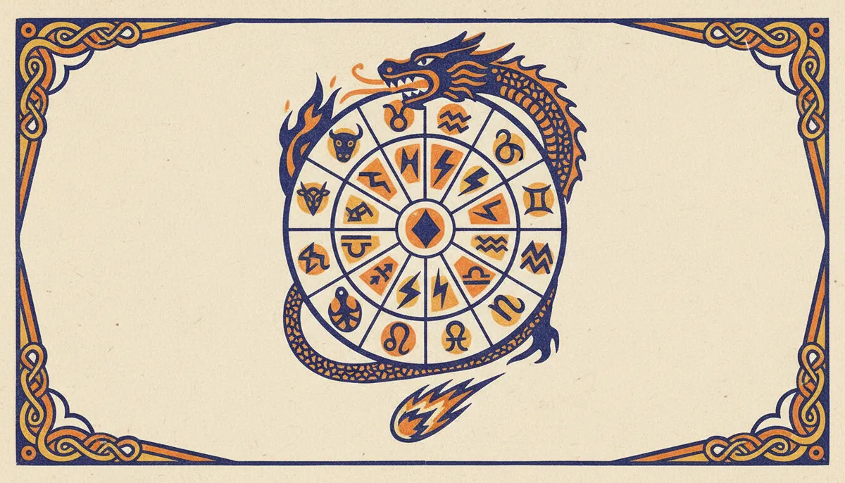 A minimalist block-print style illustration of a Vedic astrology chart wheel.