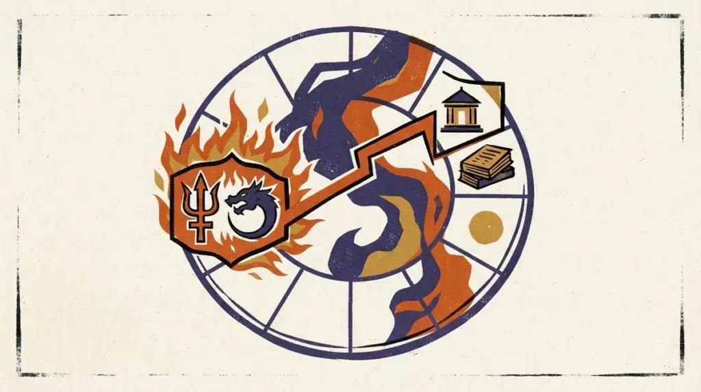 A minimalist block-print style illustration of a Vedic astrology chart wheel.