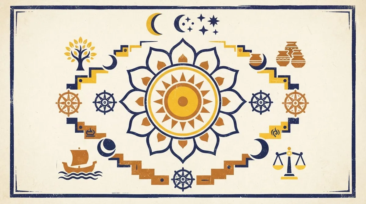 A geometric block-print illustration featuring a sun and moon motif in saffron and indigo.