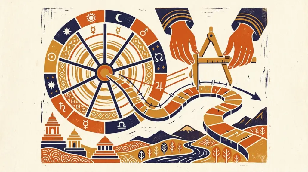 A geometric block-print illustration featuring a sun and moon motif in saffron and indigo.