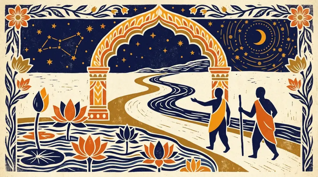 A block-print style image of a lotus flower, symbolizing the Anuradha Nakshatra.