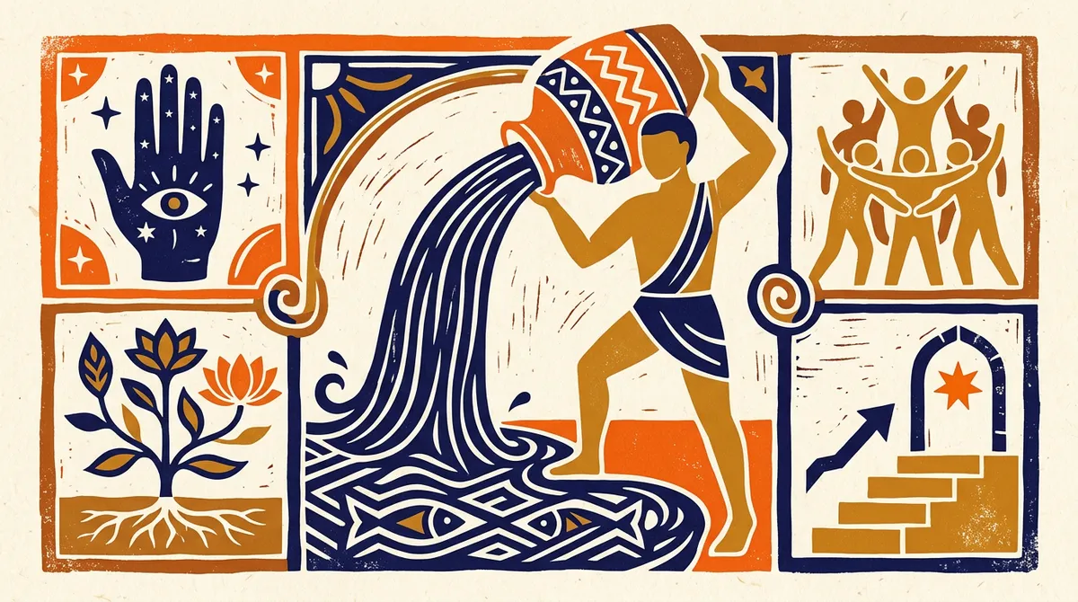 Abstract block-print illustration of air currents and geometric balance in saffron and indigo.