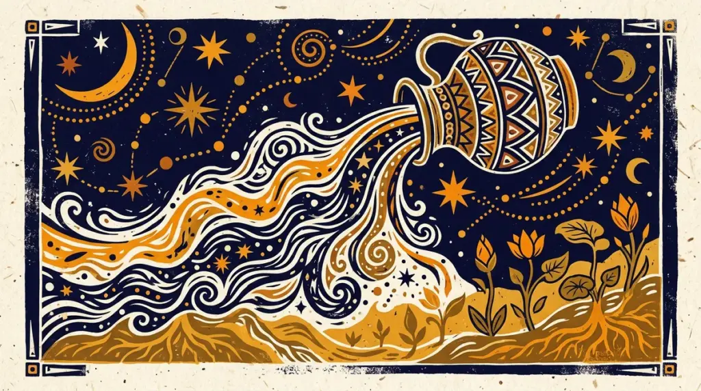 Abstract block-print illustration of air currents and geometric balance in saffron and indigo.