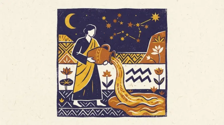 A minimalist black and white block-print showing a geometric water vessel representing the Aquarius sign.