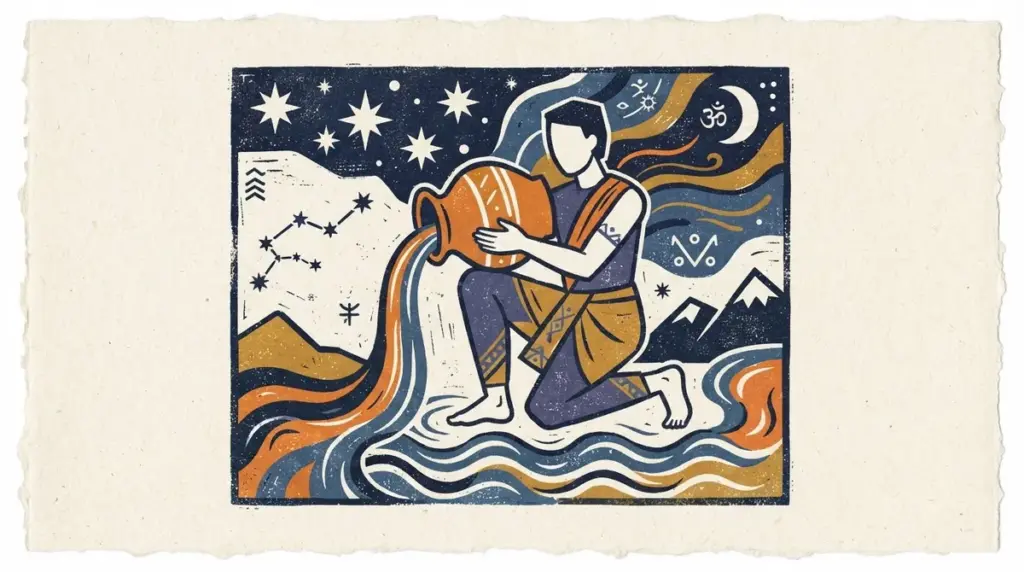 A minimalist block-print illustration featuring a stylized water vessel representing the Aquarius sign.