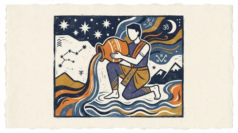 A minimalist block-print illustration featuring a stylized water vessel representing the Aquarius sign.