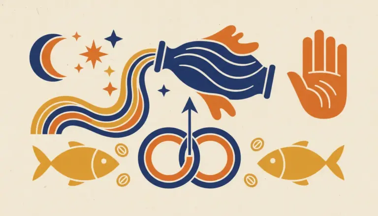 A minimalist block-print illustration of a water jug representing the sign of Aquarius.