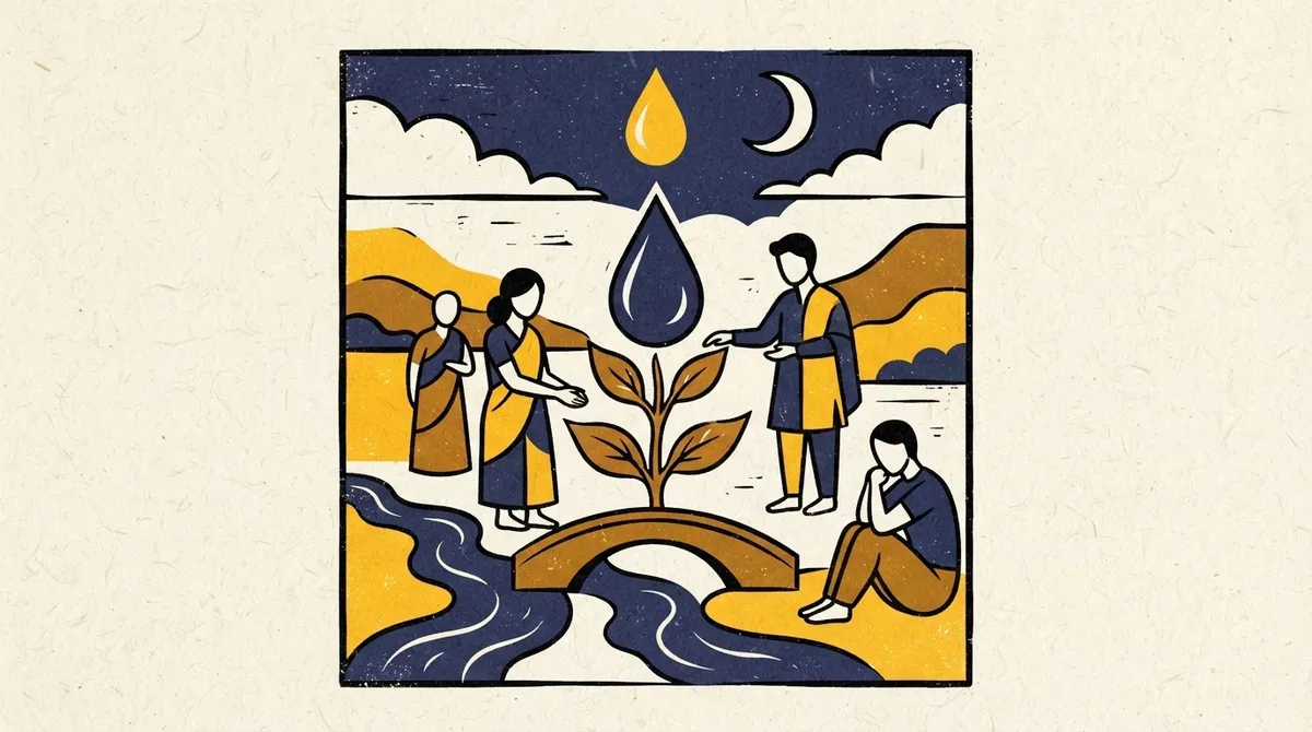 Ardra Nakshatra Love Style: Traits and Meaning 1 Block-print illustration of a symbolic teardrop surrounded by minimal cosmic patterns in saffron and indigo.