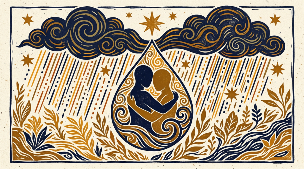 Block-print illustration of a symbolic teardrop surrounded by minimal cosmic patterns in saffron and indigo.