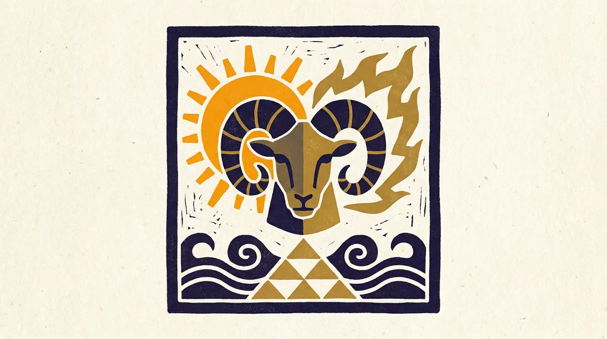 Geometric fire symbols in saffron and indigo on a shell paper background