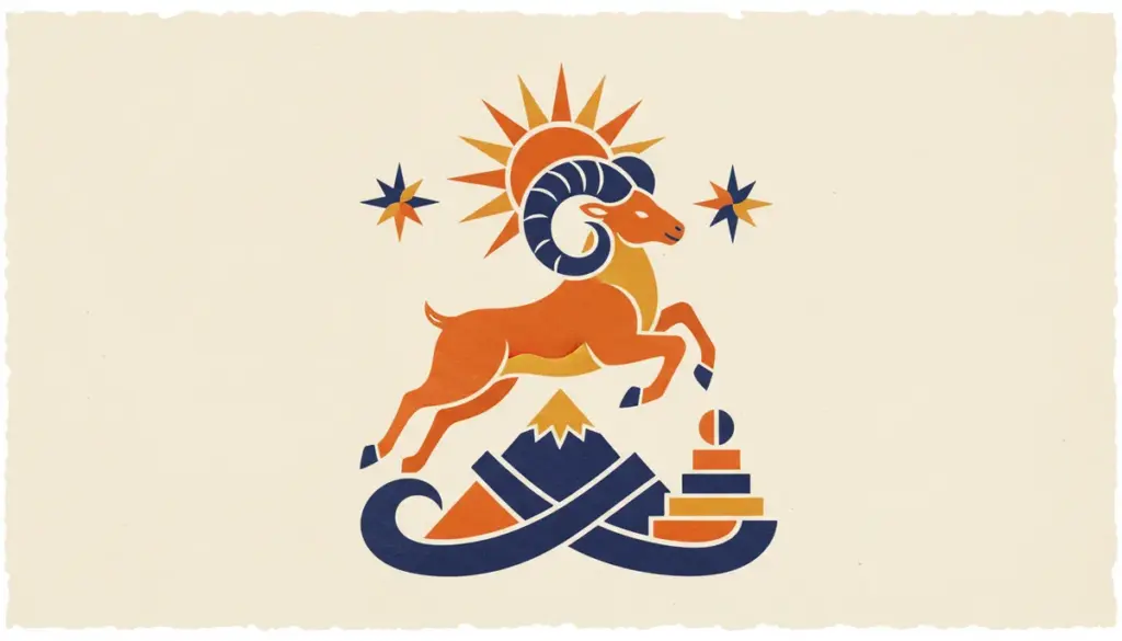 A minimalist block-print style illustration of a ram silhouette, representing the Aries sign, set against a simple, textured background.