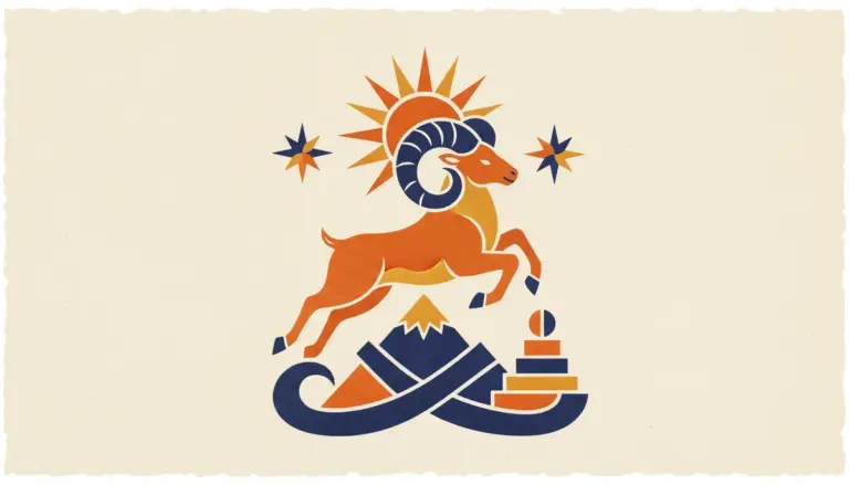 A minimalist block-print style illustration of a ram silhouette, representing the Aries sign, set against a simple, textured background.