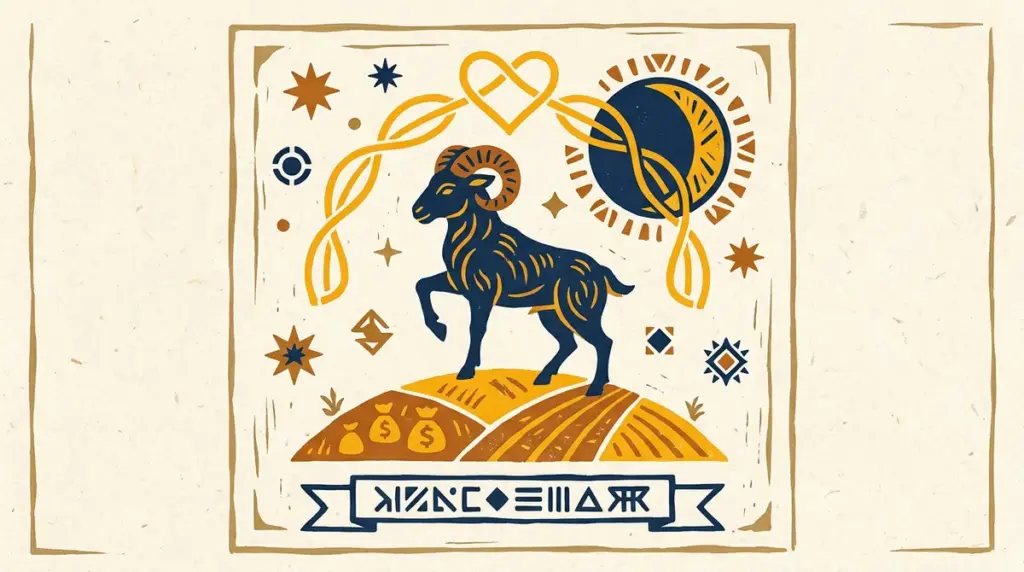 A simple, minimalist block-print illustration of a ram, representing the Aries sign, set against a plain background.