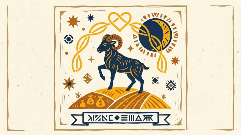 A simple, minimalist block-print illustration of a ram, representing the Aries sign, set against a plain background.