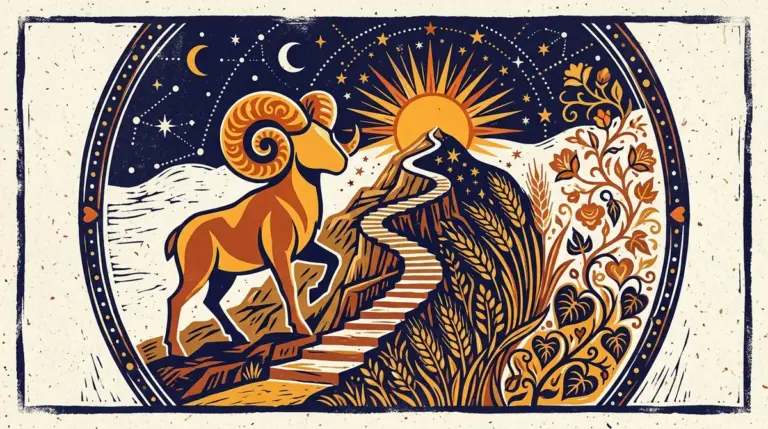 A simple block-print style illustration of a ram, representing the Aries sign, set against a quiet, neutral background.