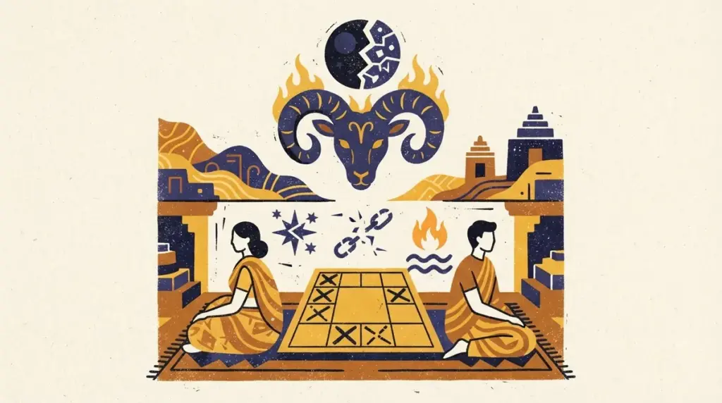 A minimalist block-print style illustration of two geometric stars representing astrological alignment.