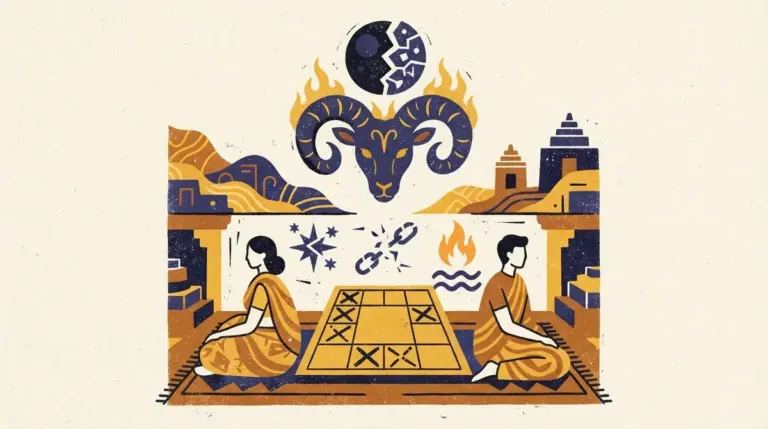 A minimalist block-print style illustration of two geometric stars representing astrological alignment.