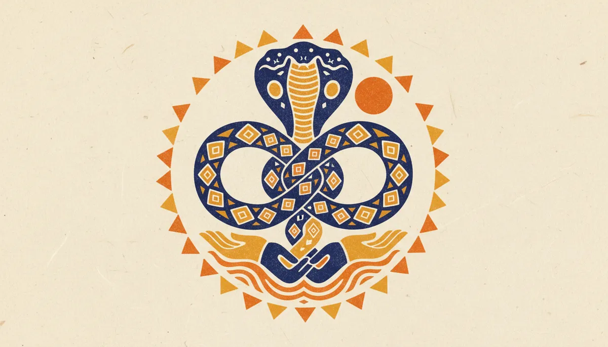 A folk block-print illustration featuring a coiled serpent and water lily motifs in indigo and saffron tones, representing Ashlesha nakshatra.