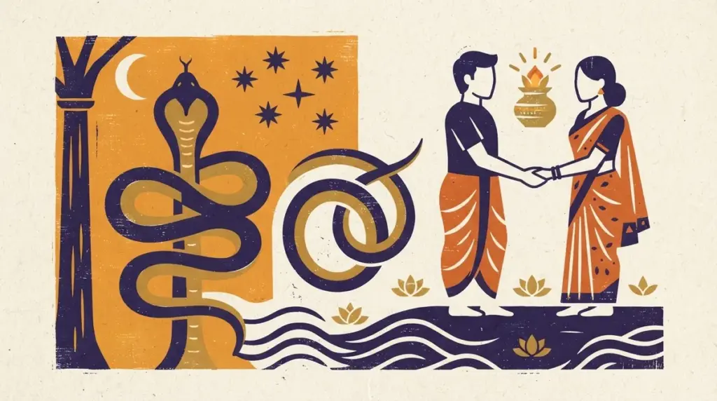 A folk block-print illustration featuring a coiled serpent and water lily motifs in indigo and saffron tones, representing Ashlesha nakshatra.