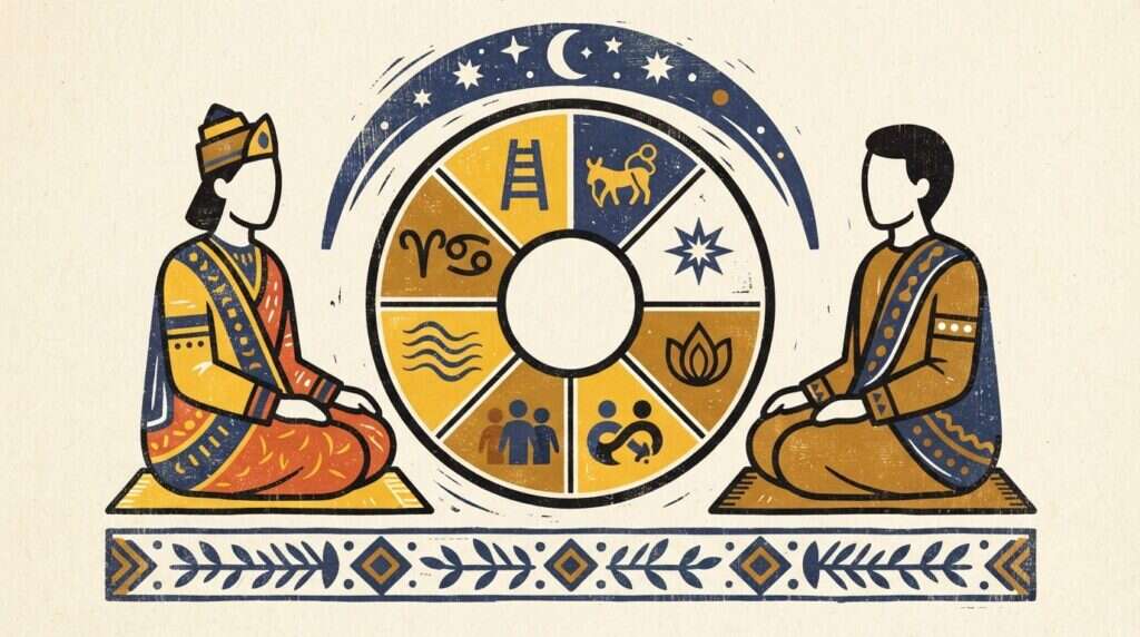 Block print illustration of celestial scales and lotus flowers symbolizing Vedic compatibility