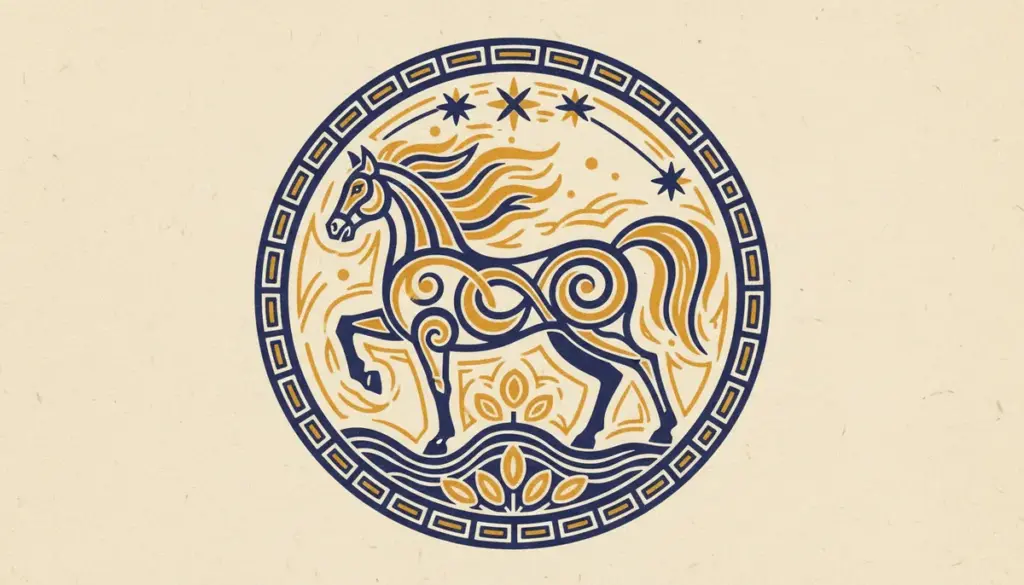 Minimalist block print graphic of a horse symbol representing Ashwini Nakshatra.