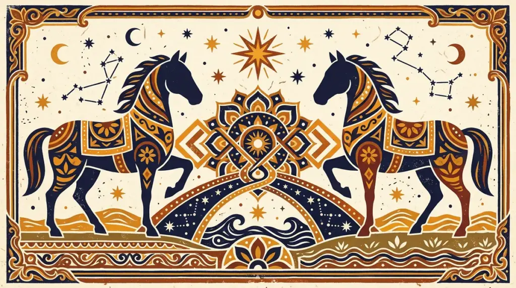 A minimalist block-print style illustration of a horse head representing Ashwini Nakshatra.