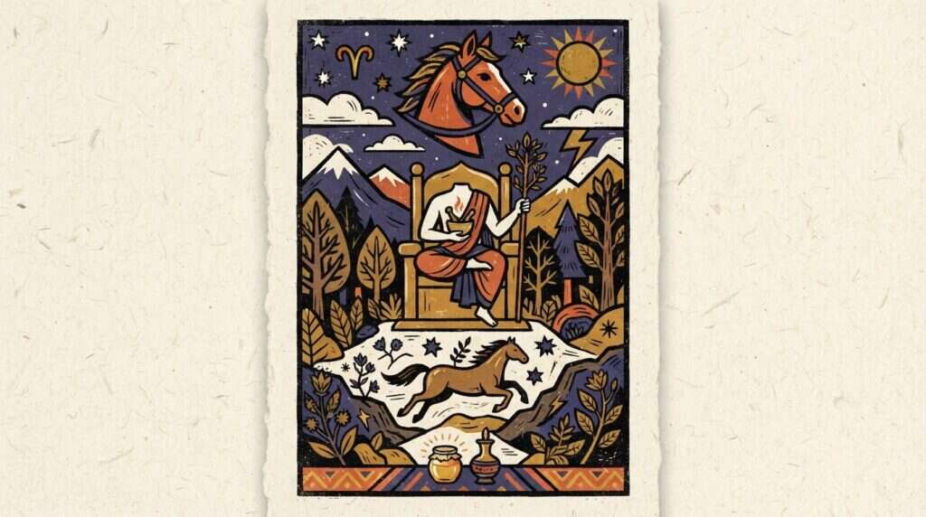 A flat block-print style illustration of a horse head under celestial stars in saffron and indigo tones representing Ashwini Nakshatra.
