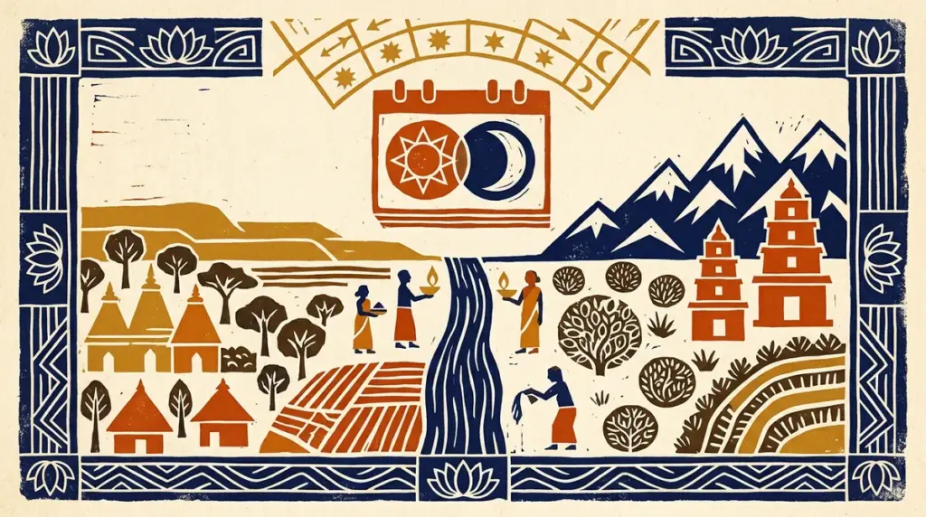 A minimalist block-print style graphic showing a stylized sun and moon representing the solar and lunar energies in Vedic astrology.