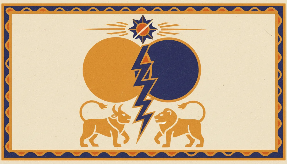 Stylized block-print illustration featuring two crescent moon motifs in saffron and indigo