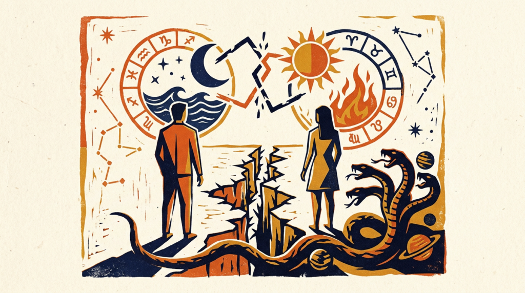 Stylized block-print illustration featuring two crescent moon motifs in saffron and indigo