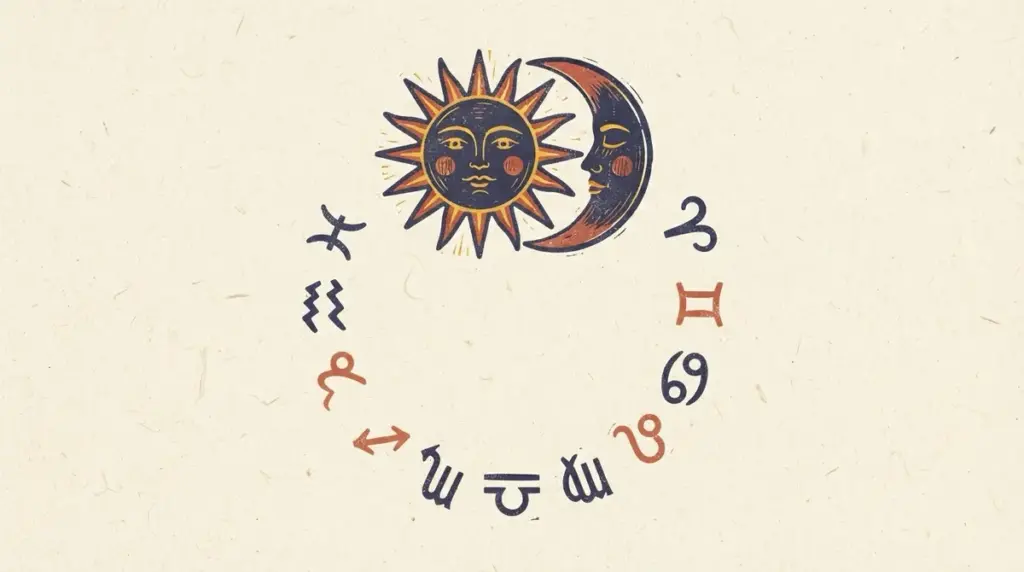 Flat block-print illustration of Bharani Nakshatra symbols in saffron and indigo