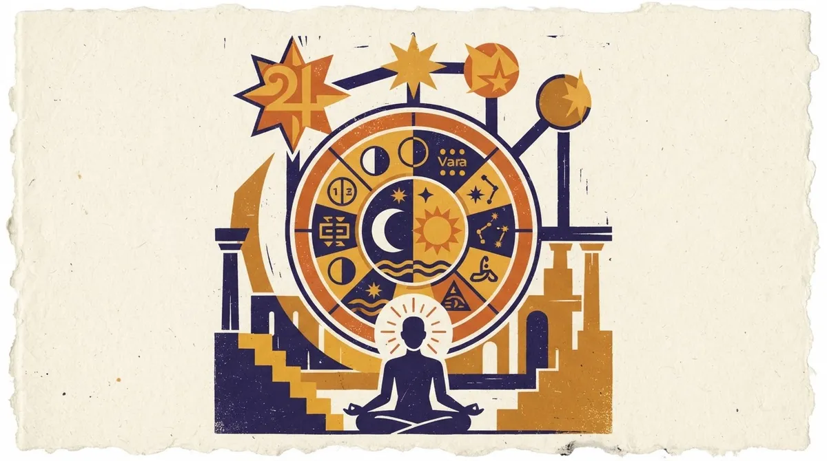 Traditional block-print illustration representing Brahma Yoga and cosmic alignment with solar and lunar symbols.
