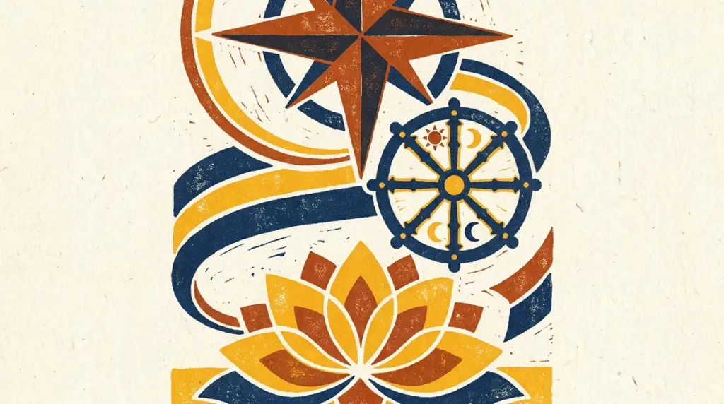 Traditional block-print illustration representing Brahma Yoga and cosmic alignment with solar and lunar symbols.