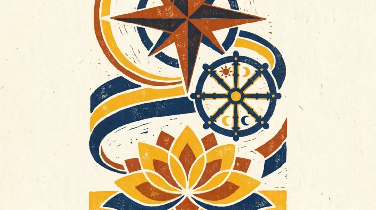 Traditional block-print illustration representing Brahma Yoga and cosmic alignment with solar and lunar symbols.