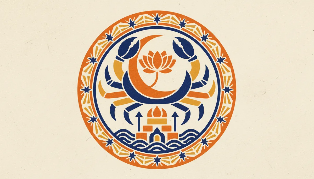 Cancer Ascendant Personality: Traits and Core Meaning 1 Abstract block print illustration of water and moon symbols in saffron and indigo.