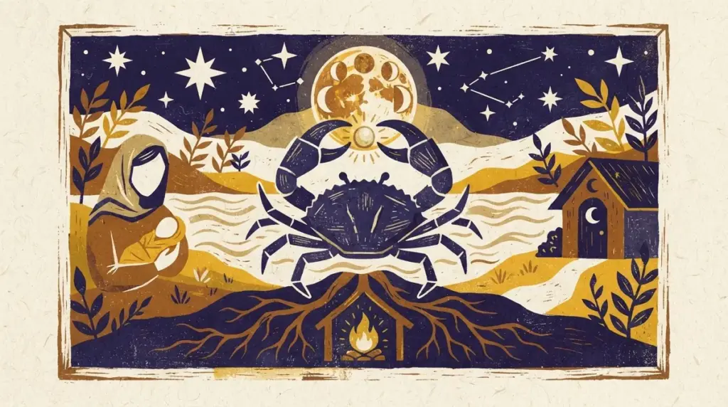 Abstract block print illustration of water and moon symbols in saffron and indigo.