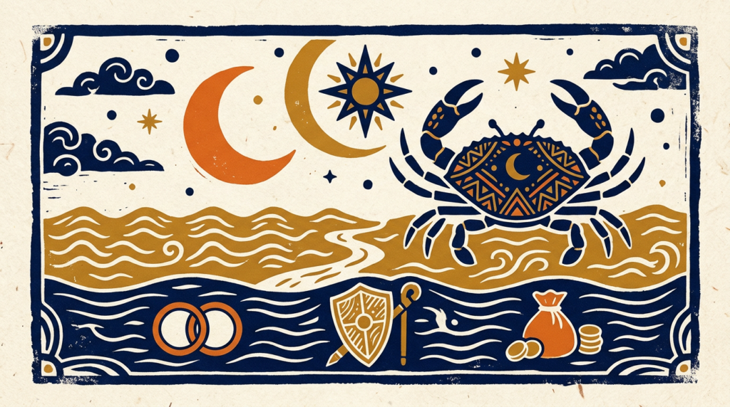 A simple line-art illustration of a crab resting under a bright, calm sun.