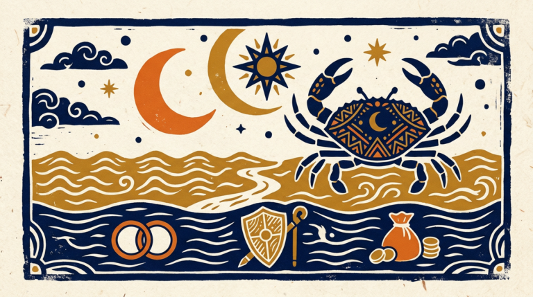 A simple line-art illustration of a crab resting under a bright, calm sun.