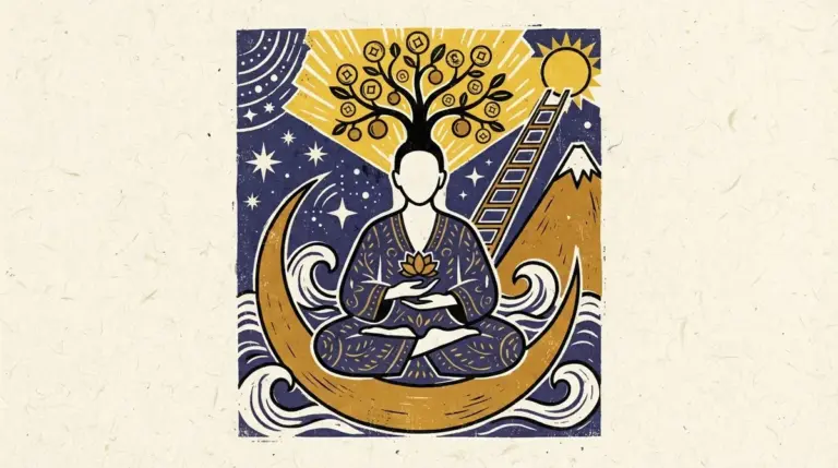 A minimalist block-print style illustration of the Cancer crab symbol set against a calm, muted background.