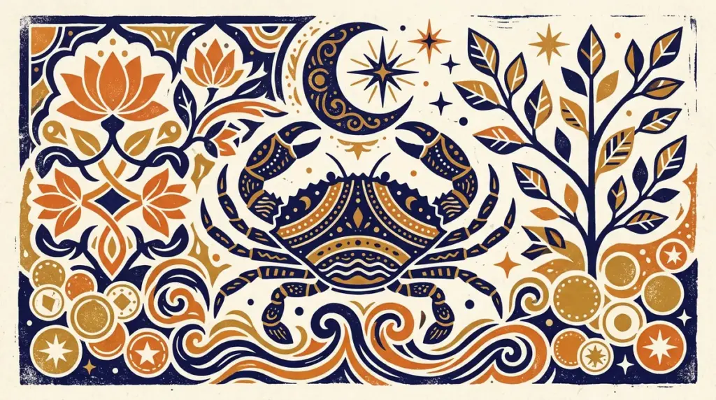A flat block-print illustration of a crab resting near a calm, still body of water.