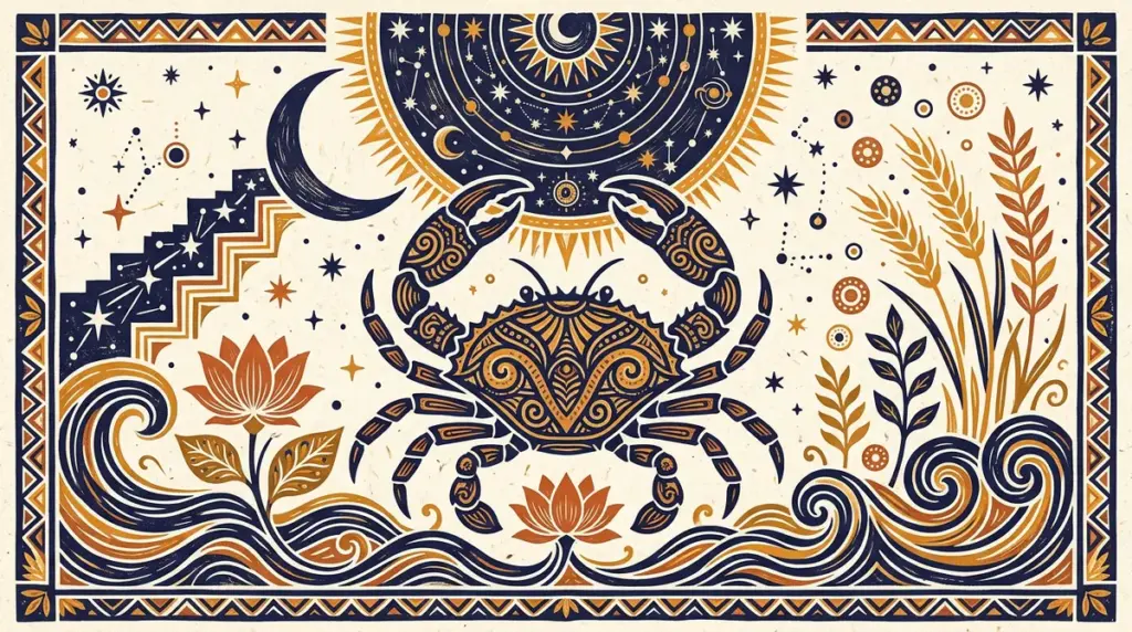 A minimalist block-print illustration showing a stylized crab centered against a soft, geometric background representing the lunar cycle.