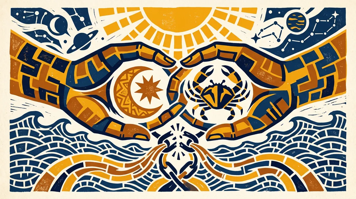 A stylized moon reflecting on calm water in a traditional block-print aesthetic.